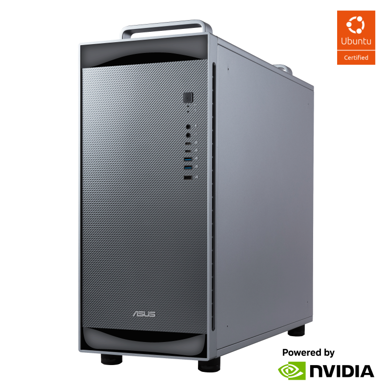 ET900N G3 机身带 Ubuntu 与 NVIDIA 认证标识，45° 视角（图源 ASUS 官网）